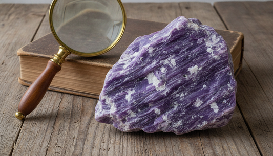Violetter Charoit mit seidiger, faseriger Zeichnung auf Holztisch, daneben Lupe und Mineralogie-Buch