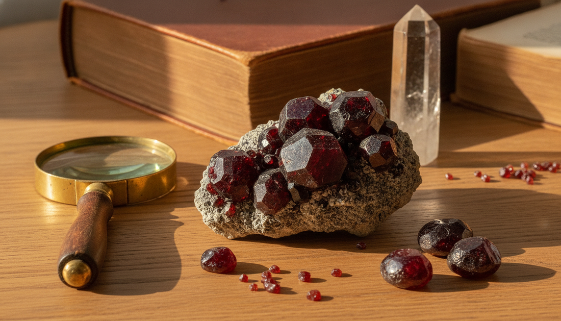 Tiefrote Granat-Kristalle auf grauem Muttergestein und polierte rote Granat-Trommelsteine, daneben Lupe und Mineralogie-Buch auf Holztisch