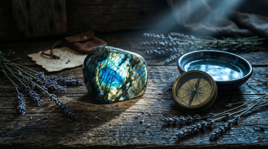 Labradorit mit blau-grünem Schiller auf dunklem Holz