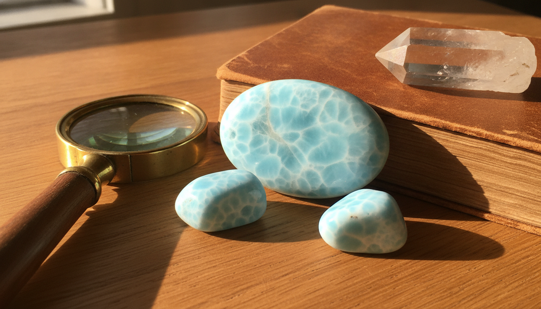 Hellblaue Larimar-Steine mit weißer Maserung auf warmem Holztisch mit Lupe und Mineralogie-Buch