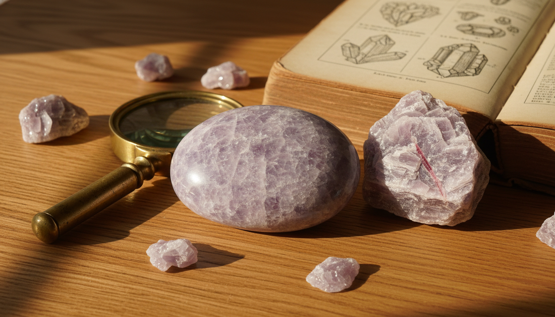 Lilafarbene Lepidolith-Steine mit schimmernden Glimmer-Schichten auf warmem Holztisch mit Lupe und Buch