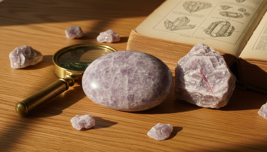 Lilafarbene Lepidolith-Steine mit schimmernden Glimmer-Schichten auf warmem Holztisch mit Lupe und Buch