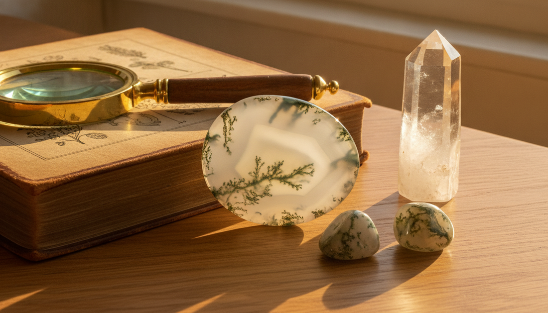 Durchscheinender Moosachat-Trommelstein mit grünen moosartigen Einschlüssen, daneben Lupe und Mineralogie-Buch auf Holztisch