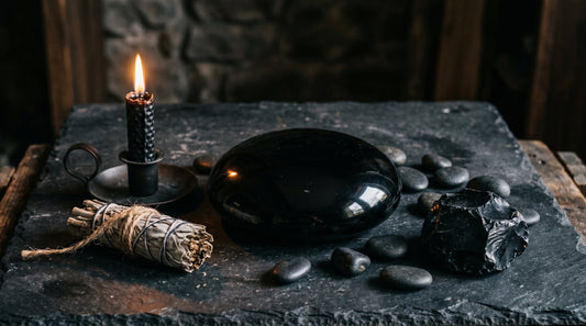 Schwarzer Obsidian auf dunkler Schieferplatte mit Kerze und Salbei