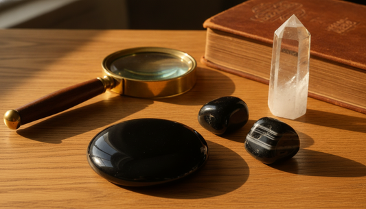 Tiefschwarzer polierter Onyx-Cabochon und glänzende schwarze Onyx-Trommelsteine, daneben Lupe und Mineralogie-Buch auf Holztisch