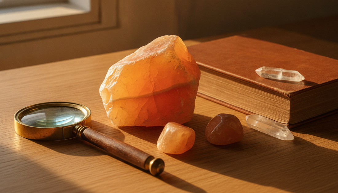 Leuchtend orangefarbener Orangencalcit-Rohstein auf Holztisch, daneben Lupe und Mineralogie-Buch
