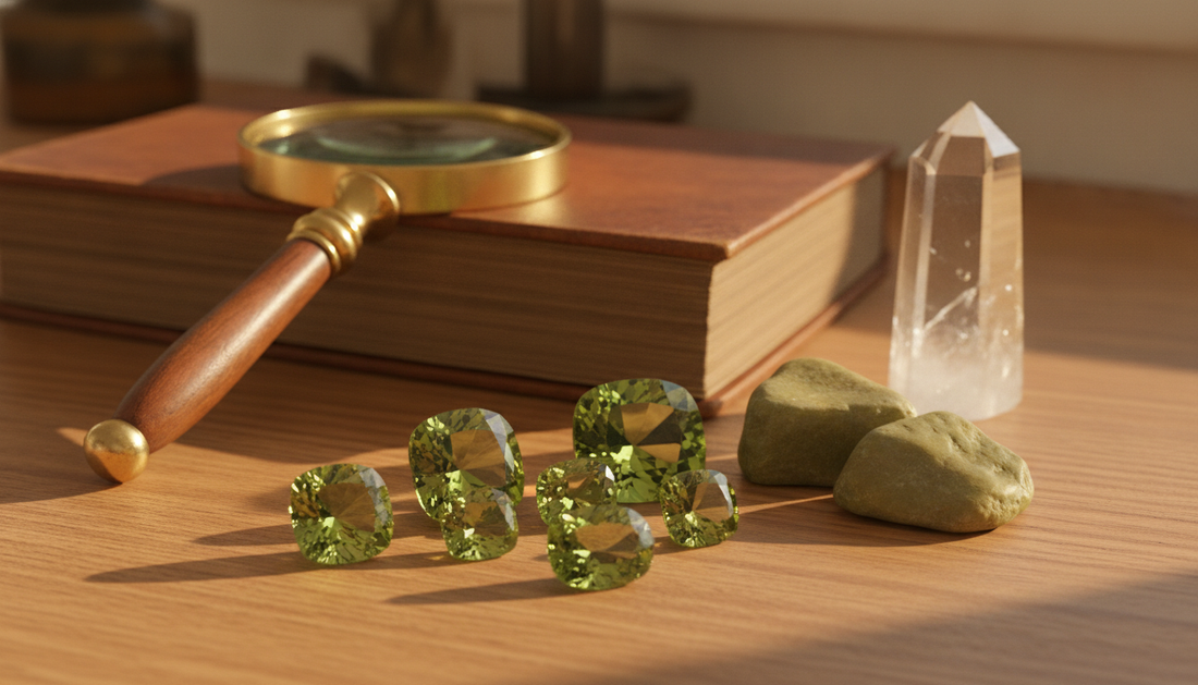 Polierte oliv- bis gelbgrüne Peridot-Edelsteine mit klarem Glanz, daneben antike Lupe und altes Mineralogie-Buch auf warmem Holztisch