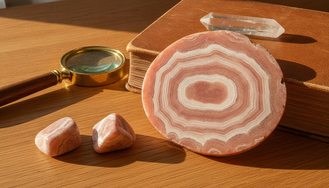Polierter Rhodochrosit mit rosa-weißer Bänderung auf Holztisch, daneben Lupe und Mineralogie-Buch
