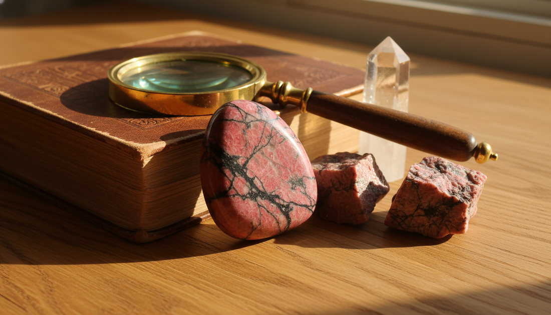 Rosarote Rhodonit-Steine mit schwarzer Manganmaserung auf warmem Holztisch mit Lupe und Mineralogie-Buch