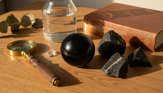 Polierte Schungit-Kugel und rohe Schungit-Brocken aus Karelien auf warmem Holztisch mit Glas Wasser, Lupe und Mineralogie-Buch