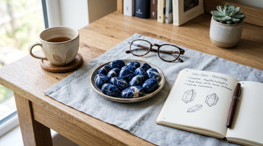 Tiefblaue Sodalith-Steine auf Leinen mit Notizbuch und Brille