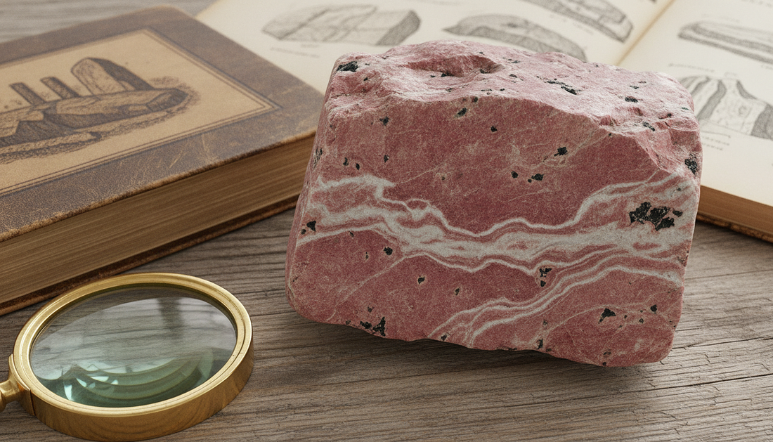 Rosa bis himbeerroter Thulit mit heller Maserung auf Holztisch, daneben Lupe und Mineralogie-Buch