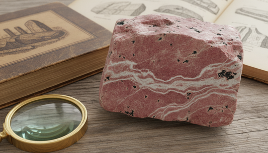 Rosa bis himbeerroter Thulit mit heller Maserung auf Holztisch, daneben Lupe und Mineralogie-Buch