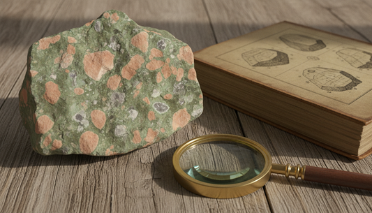 Grün-rosa gesprenkelter Unakit auf Holztisch, daneben Lupe und Mineralogie-Buch