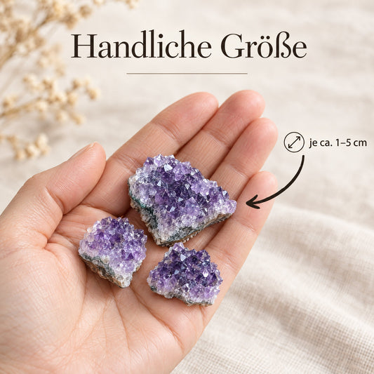 Amethyst-Drusenstücke in der Hand – je ca. 1–5 cm
