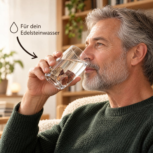 Glas Wasser mit Wassersteinen aus versteinertem Holz