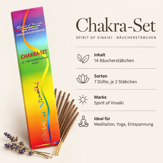 Steckbrief Spirit of Vinaiki Chakra-Set – 14 Räucherstäbchen, 7 Düfte