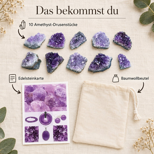 Lieferumfang: 10 Amethyst-Drusenstücke, Edelsteinkarte, Baumwollbeutel