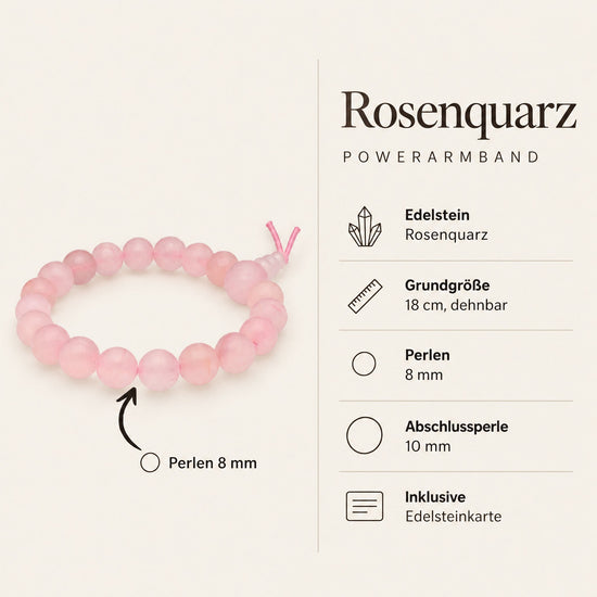 Steckbrief Rosenquarz Powerarmband – 18 cm, Perlen 8 mm