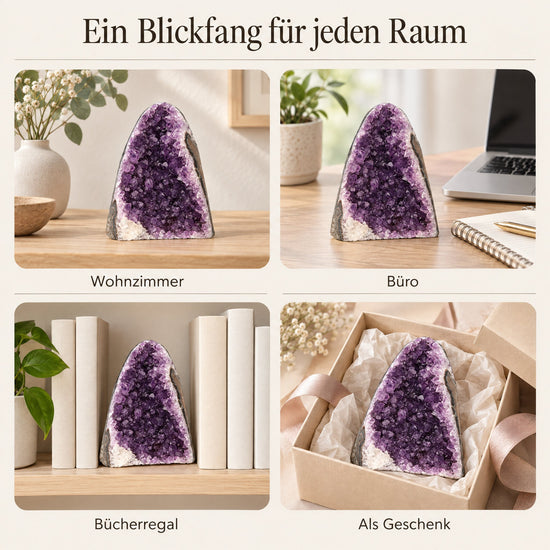 Amethyst Geode als Blickfang in Wohnzimmer, Büro, Regal und als Geschenk