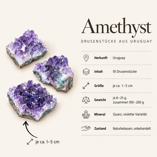 Steckbrief Amethyst-Drusenstücke aus Uruguay