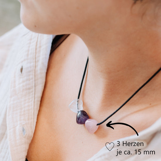 Herzanhänger "Goldenes Dreieck" Amethyst + Bergkristall + Rosenquarz