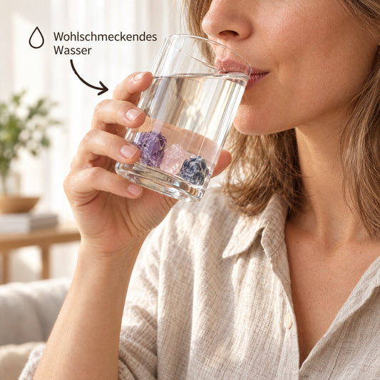 Glas Wasser mit Amethyst, Rosenquarz und Sodalith aus der XL-Mischung