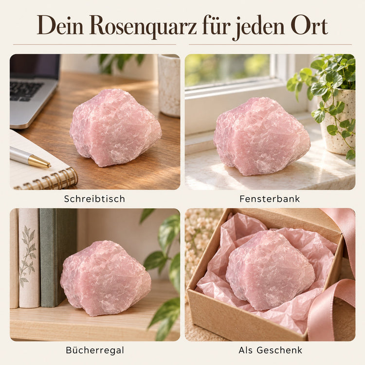 Rosenquarz Rohstein als Deko auf Schreibtisch, Fensterbank, Regal und als Geschenk