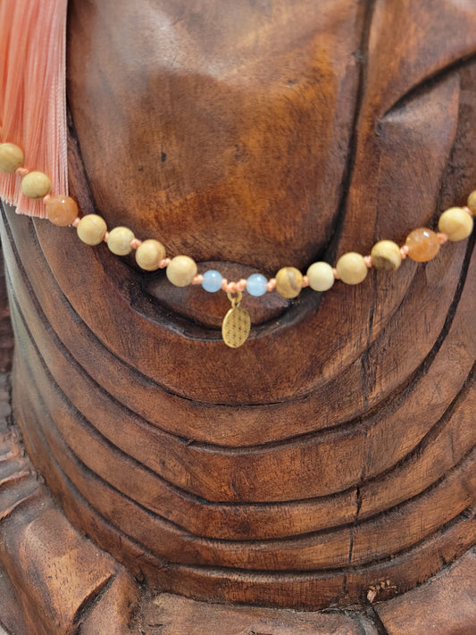 108-Perlen Mala aus Palo Santo, Sonnenstein & Bergkristall – Handgefertigte Gebetskette für Wärme & innere Balance