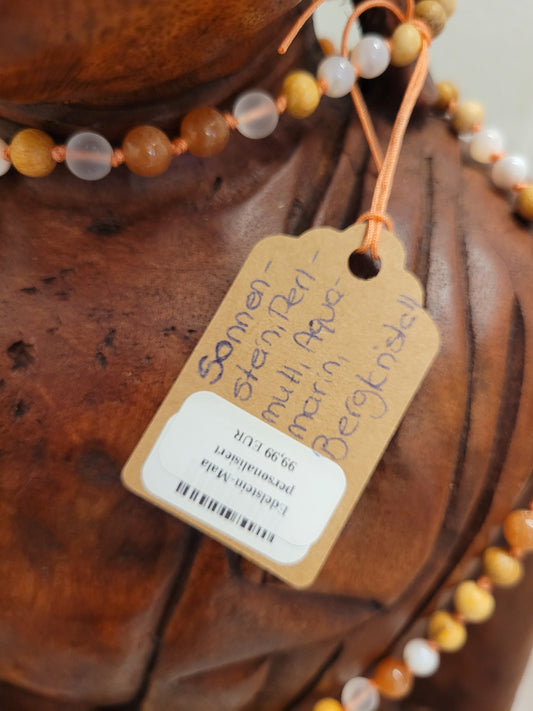 108-Perlen Mala aus Palo Santo, Sonnenstein & Bergkristall – Handgefertigte Gebetskette für Wärme & innere Balance