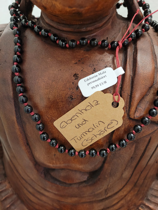 108-Perlen Mala aus Ebenholz & schwarzem Turmalin – Handgefertigte Gebetskette für Erdung & Schutz