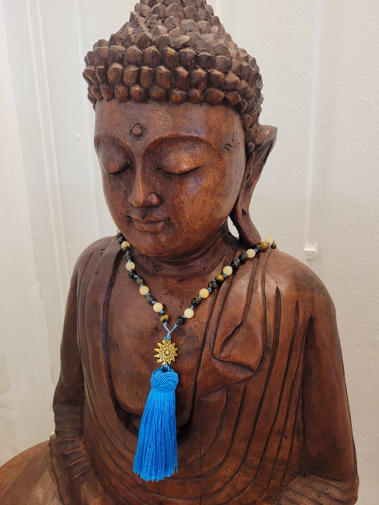 108-Bead Mala made of Hawk Eye, Orange Calcite, and Olive Wood – Handmade Prayer Necklace for Inner Clarity, Joy of Life, and Grounded Strength
