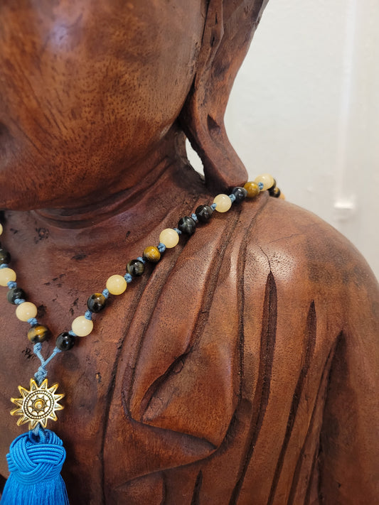 108-Bead Mala made of Hawk Eye, Orange Calcite, and Olive Wood – Handmade Prayer Necklace for Inner Clarity, Joy of Life, and Grounded Strength