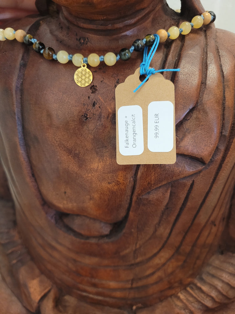 108-Bead Mala made of Hawk Eye, Orange Calcite, and Olive Wood – Handmade Prayer Necklace for Inner Clarity, Joy of Life, and Grounded Strength