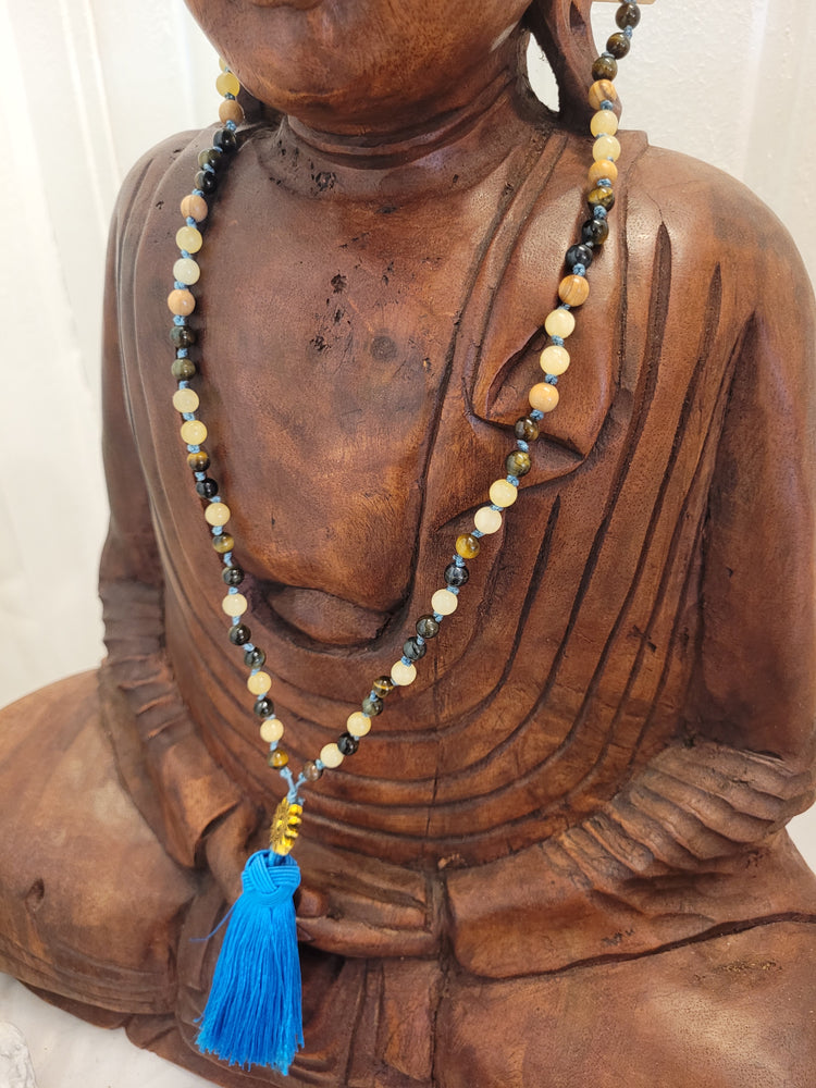 108-Bead Mala made of Hawk Eye, Orange Calcite, and Olive Wood – Handmade Prayer Necklace for Inner Clarity, Joy of Life, and Grounded Strength
