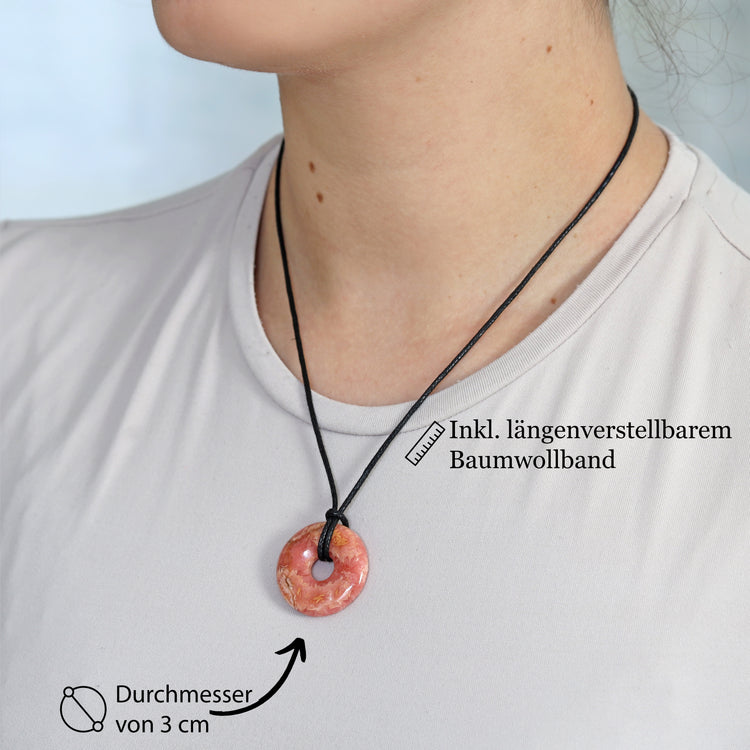 Rhodochrosite Donut Pendant | 30 mm Pendant + Cotton Cord