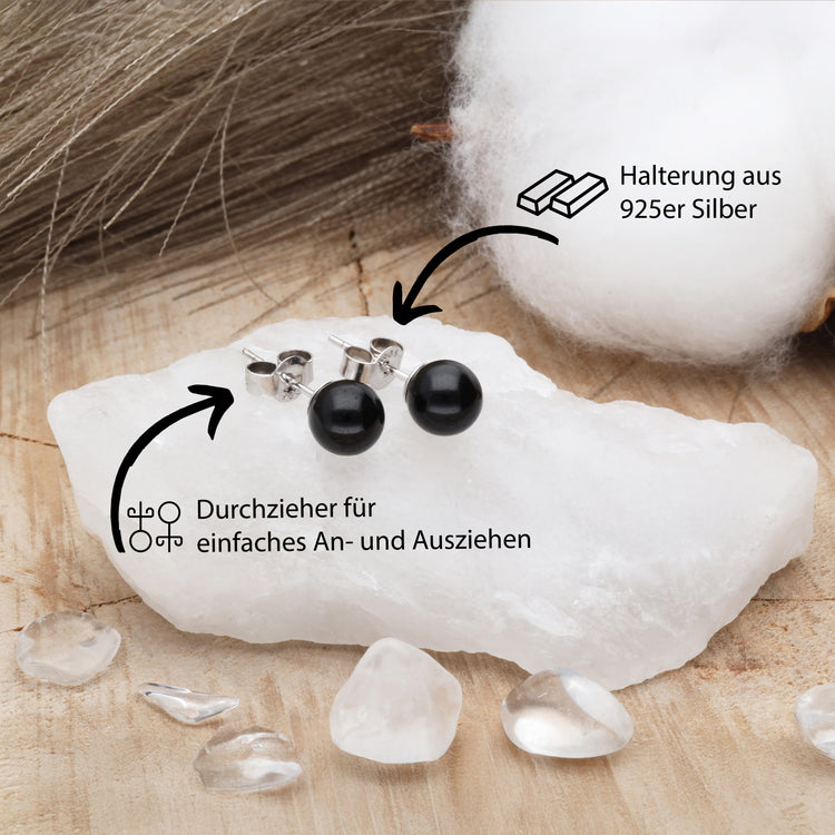 Black tourmaline (schorl) earrings, 6 mm, 925 silver