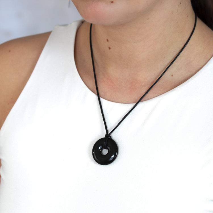Black Obsidian Donut Pendant | 30 mm Pendant + Cotton Cord
