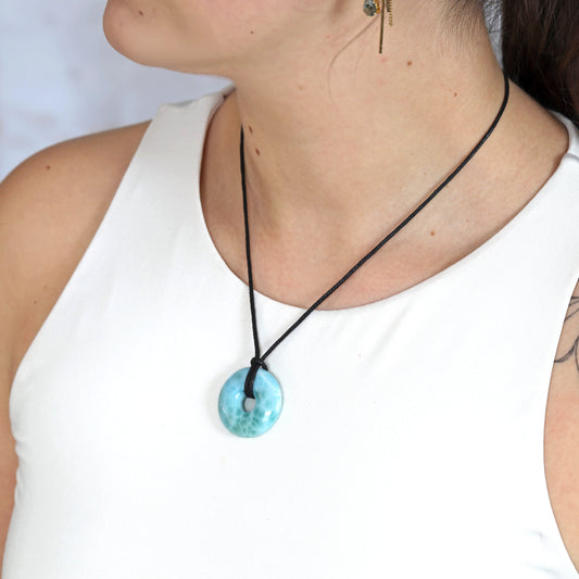 Larimar Donut A-Quality | 30 mm Pendant + Cotton Cord