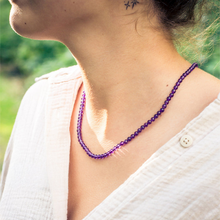Amethyst Bead Necklace | Ø 4mm with 925 Silver Clasp | 45cm