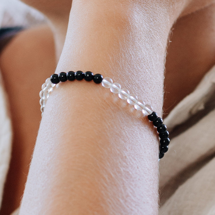 Rock crystal + tourmaline/schorl mini bead bracelet | 4 mm