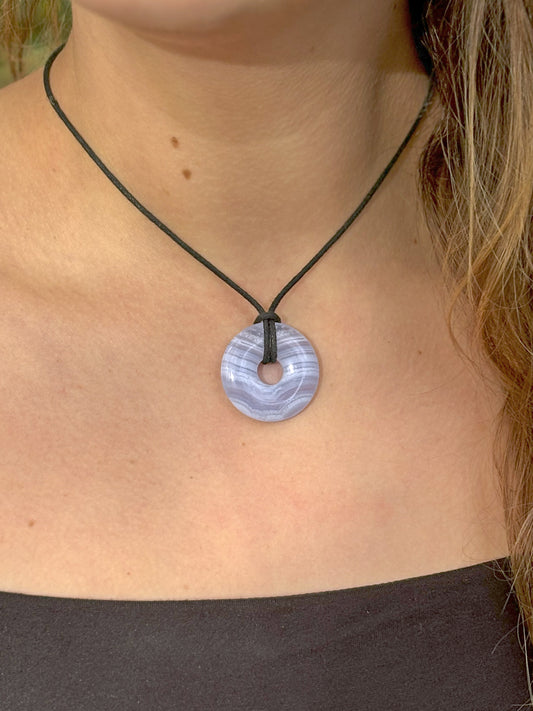 Chalcedony, blue donut | 30 mm pendant + cotton cord