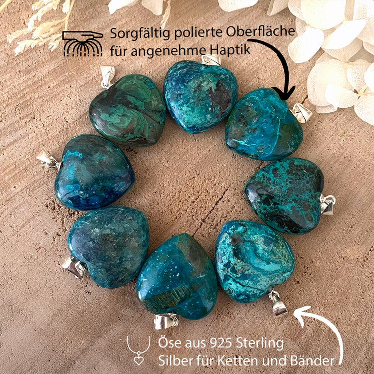 Chrysocolla heart pendant | 2x2 cm + 925 silver eyelet