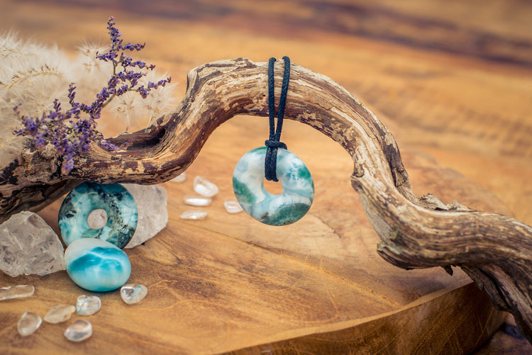 Larimar Donut A-Quality | 30 mm Pendant + Cotton Cord