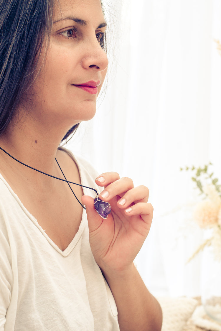 Amethyst, set raw stone pendant