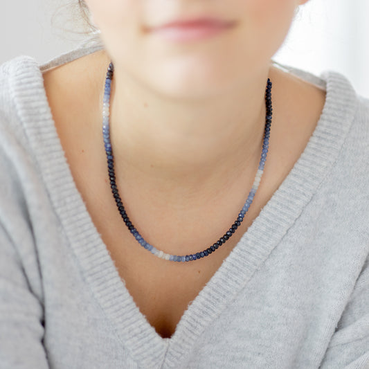 Saphir Perlenkette facettiert | 45 cm + 925er Silber Verschluss