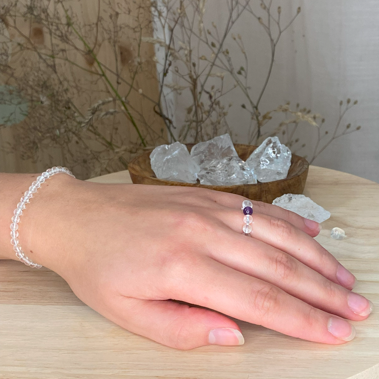 Rock crystal + amethyst | elastic ball ring