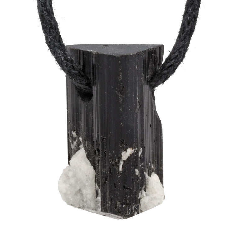 Tourmaline (Schörl) raw stone pendant with calcite or quartz crystal 