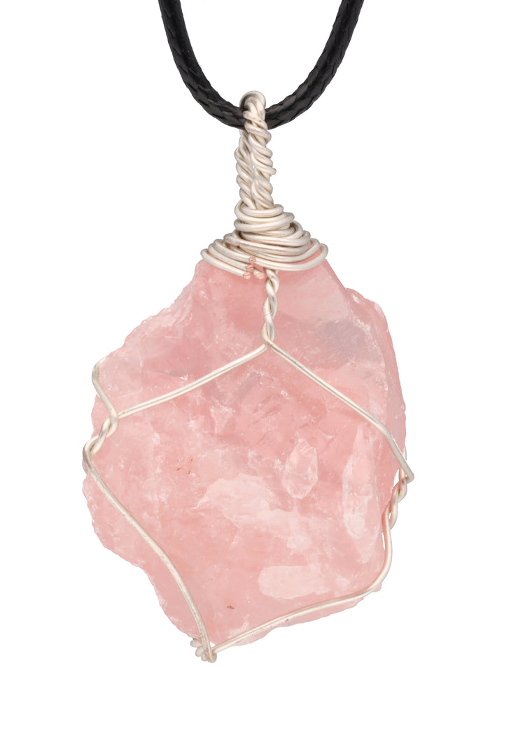 Rose quartz, set raw stone pendant