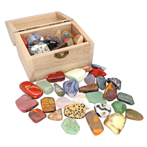 Gemstone Set in Treasure Chest | Colorful Tumbled Stone Mix | Size L